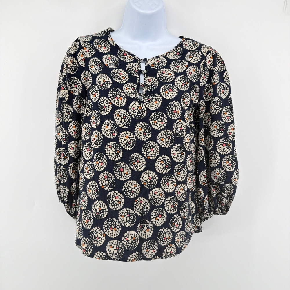 Maeve Anthropologie Geometric Mosaic Keyhole Blouse Size 4 Navy Blue Boho Top